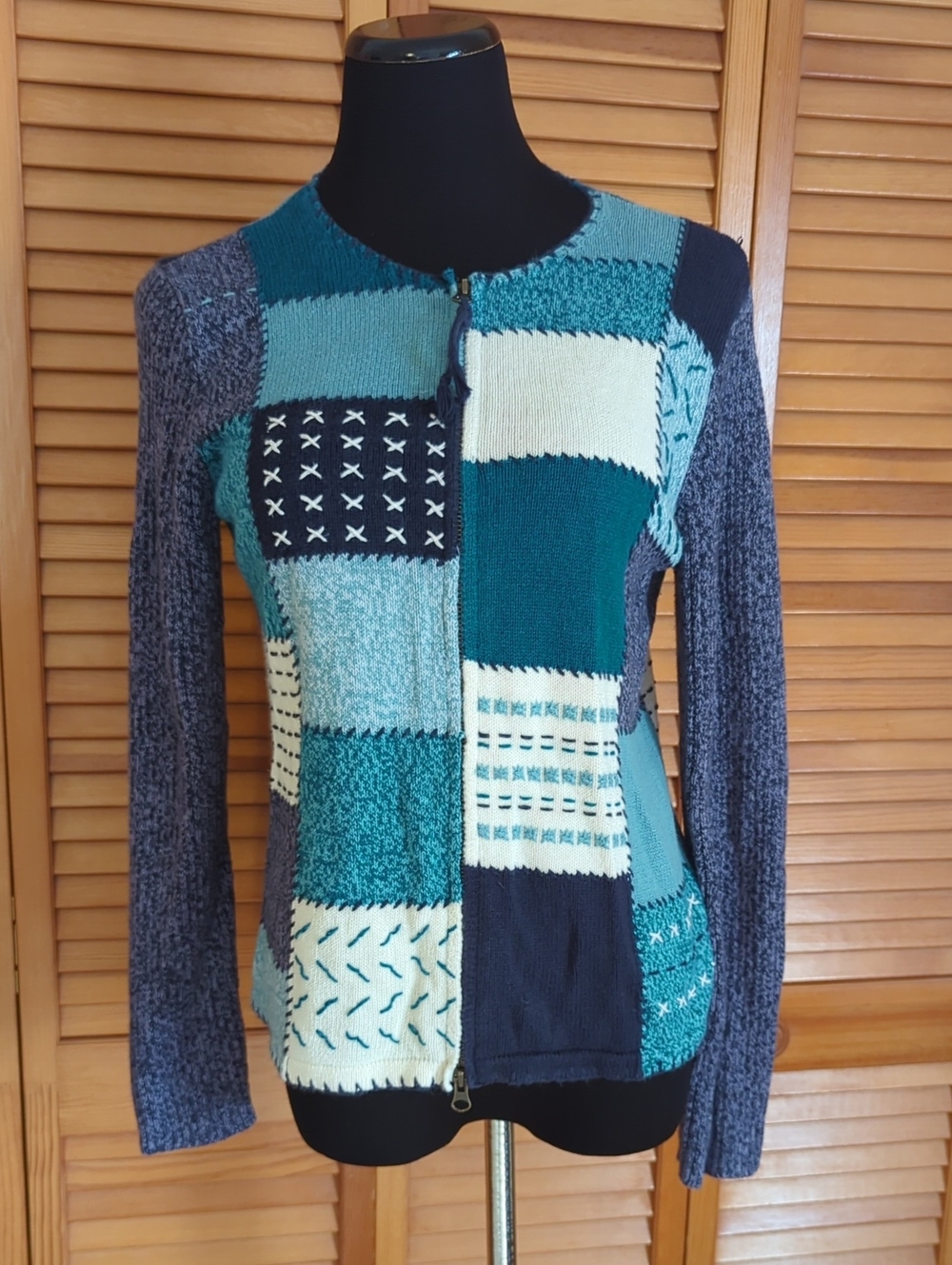 Vintage Hand Embroidered Christopher & Banks Patchwork Cardigan Sweater Size Med
